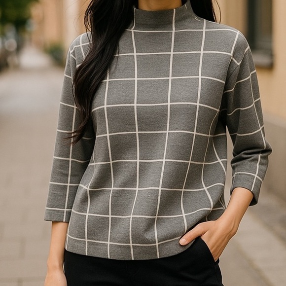 ANNE KLEIN CLASSIC MOCK NECK LONG SLEEVE GRAY/ WHITE CHECK OFFICE SWEATER SZ XL - Picture 1 of 10